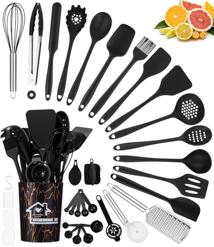 44 Stück Küchenhelfer Set, Hitzebeständiger Kochbesteck Set mit Utensilienhalter,Kochutensilien Kochgeschirr,Spülmaschinenfest,Silikon Kochutensilien Kochbesteck Set,Antihaft Kochset Küchenutensilien