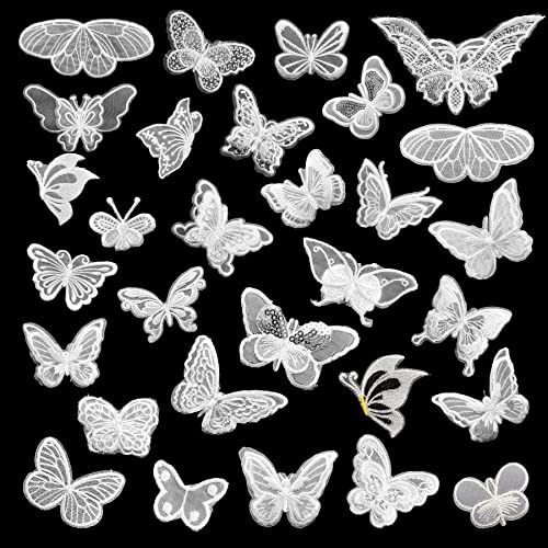 Yayatty 30 Stück Spitzenpatches, Schmetterling Stickpatches Organza Lace Appliques Nähen Sie Patches zum Reparieren und Dekorieren von Kleidung ( Weiß )