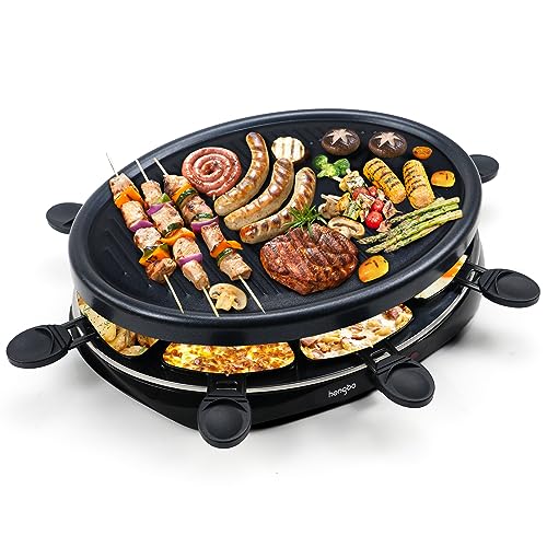 Raclette 8 Personen - Raclette Grill mit 8 Raclette Pfännchen und 2 Holzspateln Antihaftbeschichtung Thermostat Barbecue Grill Elektrische Grillpfannen für Familie - 1300W