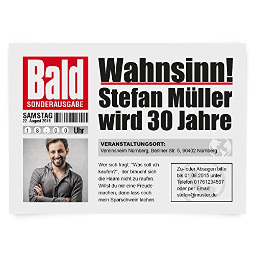 Personalisierte witzige Einladungskarten zum Geburtstag (ab 10 Stück) als Zeitung Presse Meldung Magazin Nachrichten