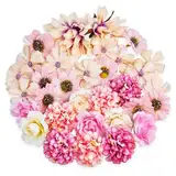 ROLLWAY 34 Stück Kunstblumen zum Basteln Rosa Klein Blumenköpfe 4~7cm, Mini Künstliche Blumen Blütenköpfe Deko Seidenblumen Fake Blumen Blumendeko Rosen Hortensien für Tortendeko Hochzeitsdeko