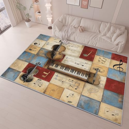 Kurzflor Teppich Wohnzimmer 160 x 230 cm Bunt - Teppich Waschbar, Retro-Musiknoten Musikinstrumente Design, Pflegeleicht und Weich - Ideal für Schlafzimmer, Esszimer und als Küchenteppich