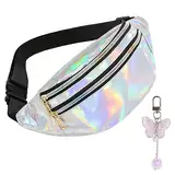 FASBET Bauchtasche Silber Metallic mit Schmetterling Deko Bauchtasche 80er Jahre Damen Kinder Silberne Bauchtasche Karneval Gürteltasche Silber Glitzer Bauchtasche Bunt Tasche Silber Metallic (Silber)