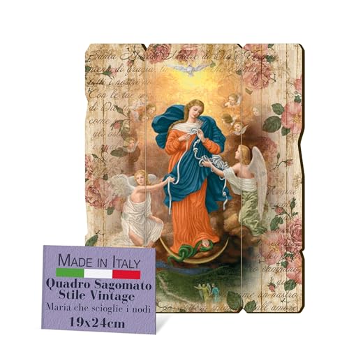 Fratelli Bonella Bild Madonna mit Knoten im Vintage-Stil, Gemälde aus Pappelholz, Dicke 8 mm, Bild Madonna für Schlafzimmer, 19 x 24 cm, 100 % Made in Italy