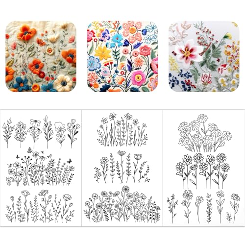 JIYIN 74 Stück Stickvorlagen Wasserlöslich, Stickmuster Stickvlies Wasserlöslich Selbstklebend Stickaufkleber Sticktransferpapier für Kreuzstich Stoffstickerei Stichübungen