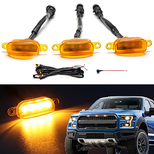 FetonAuto Front Grille Lights compatible with 2010-2018 Ford F150 Raptor Style Aftermarket Grill, LED Amber Grille Marker Lights Cars Grid Decorative Accessories, 3PCS with Fuse and Wire