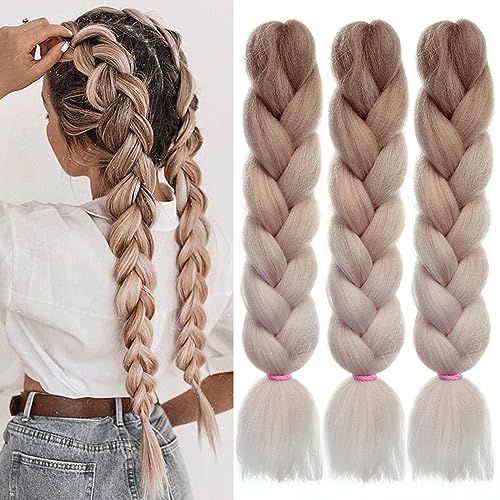 EMMOR Jumbo Flechthaarverlängerungen, 24 Zoll, hochtemperaturbeständige synthetische Fasern, 3 Stück vorgedehnte Box Braids Flechthaare, Twist-Zöpfe, Häkeln mit Kanekalon (Ombre Hellbraun)