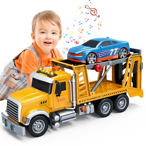 Mostop Large Kids Transport Truck Spielzeug,Reibungsangetriebenes Transport Truck Spielzeug mit Lichtern und Geräuschen, mit Roadster, Kinderspielzeug für 3 4 5 6 7 Jahre alte Jungen Mädchen Geschenke