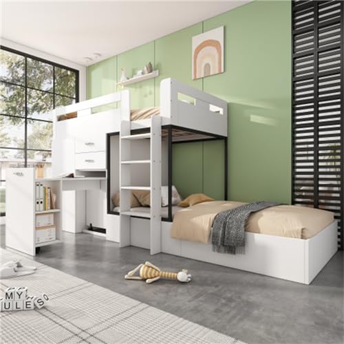 Etagenbett Mit Ausziehbarem Schreibtisch Und Kleiderschrank, Multifunktionales Hochbett Für Kinder, Struktur Aus Massivholz Inklusive Schublade Und Regalen Für Kinder