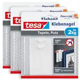 tesa Klebenagel für Tapeten und Putz 2kg im 3er Pack - Selbstklebende Nägel für empfindliche Oberflächen - rückstandslos - bis zu 2kg Halteleistung pro Nagel - 3 x 2 Klebenägel