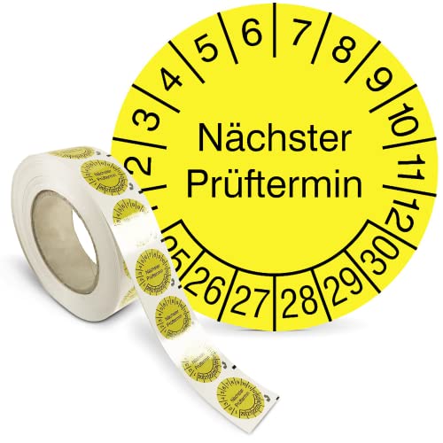 Prüfplakette „Nächster Prüftermin“ - Rolle mit 1000 Stück - Fälschungssicher - Dokumentenfolie, selbstklebend Ø 2,0 cm - gelb/schwarz - Jahre: 2025 – 2030 - Prüfetiketten - Betriebsausstattung24®