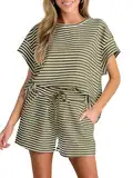 Tankaneo Damen Zweiteiler Kurzarm Lounge Set Sommer Outfits Gestreifte Lockere Pyjama Set Hausanzug Rundhalsausschnitt T Shirt mit Shorts