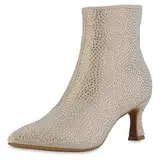 VAN HILL Damen Klassische Stiefeletten Stiletto Strass Party Schuhe 214281 Beige Velours 38