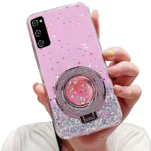 Tivenfezk Nadoli Sparkle Treibsand Ständer Hülle für Samsung Galaxy A51,Versteckt Ständer Ring Klar Glitzer Stern Handyhülle Durchsichtig Bling Schutzhülle Case Cover,Rosa