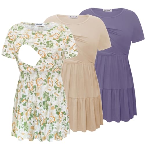 Bearsland Women’s Nursing Top 3pack Short Sleeve Scoop Neck Nursing Shirt Breastfeeding Shirts, Purple & Khaki & Green-White Flower, L