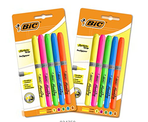 BIC Textmarker, 2x5 Highlighter Set, mit Keilspitze, drückt nicht durch Papier, mit Austrocknungsschutz