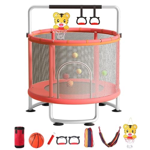 Haibinsuo Kinder-Trampolin, verstellbares Baby-Trampolin, 1,5 m, Freizeit-Trampolin mit Sicherheitsnetz, Basketballkorb, Schaukel, Sandsack, Ozeanbälle für drinnen und draußen, 199,6 kg, Rosa