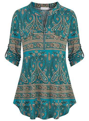 Lalala Damen Oberteile 3/4 Ärmel Elegant Shirt Blumenmuster Lässige Arbeits Tunika Blusen B-aquamarinbeige XXL