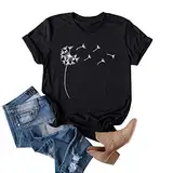 Cicy Bell T-Shirts für Damen Rundhals Pusteblume Drucken Tops Sommer Kurzarm Oberteile Blusen T Shirts Schwarz M
