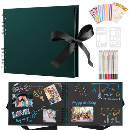 DazSpirit Fotoalbum 29,5 X 21cm Fotoalbum Zum Selbstgestalten Schwarz Fotobuch Mit 80 Seiten Scrapbook, Für 240 Bilder, Inkl.12 Metallic Farbmarker, Gästebuch Für Geburtstag Und Hochzeit, Dunkelgrün