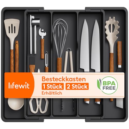 Lifewit Besteckkasten für Schubladen, Großer Utensilienständer Erweiterbar auf 57 cm, Küchenutensilienhalter Tiefe 38 cm, Schubladen Organizer Küche, Kunststoff Besteckhalter für Messer/Gabel, Schwarz