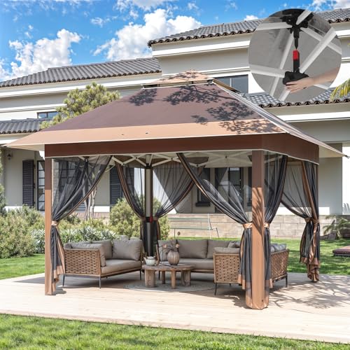 Devoko Pavillon 3.28x3.28 Wasserdicht Stabil Pop up Pavillon, Höhenverstellbar Faltpavillon mit Moskitonetz, Gartenpavillon mit Tragetasche Auf Rädern, Gartenzelt für Hinterhof,Rasen,Gazebo Braun