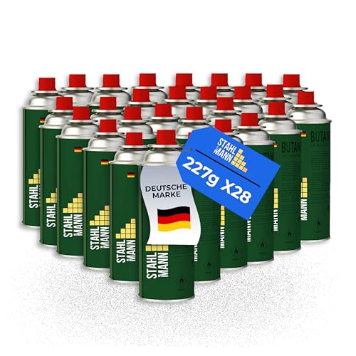 STAHLMANN® 28x Gaskartuschen 227g [Made in EU] – Butangas Kartusche mit MSF-1a Ventil für Campingkocher, Grill, Gaskocher, Gasheizung,Unkrautbren – Gaskartuschen