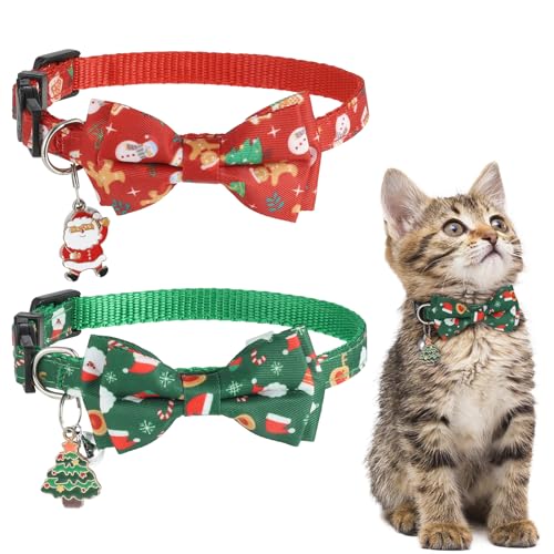 Fanshiontide Weihnachts Katzenhalsband mit Schleife und Glocken Anhänger, 2 Stück Verstellbares Katzen Halsbänder Weihnachts-Katzen-Hundehalsband für Kätzchen und Welpen Weihnachtszubehör