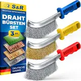 S&R 3-teiliges Hand-Drahtbürsten-Set: Edelstahl-, Messing- und Stahlbürsten für Metall, Holz, Rost, Entgraten und Schweißnaht-Reinigung – Ergonomische, schmale Handbürsten für Werkstatt & DIY-Projekte