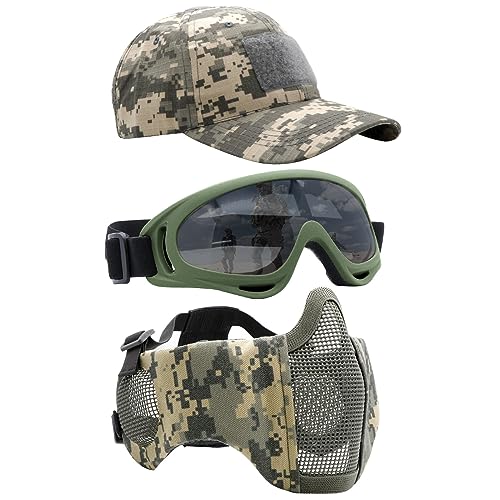 Yzpacc Airsoft Half Face Maske mit Brille Hut Set Taktische Masken Full Face Paintball Maske Ohrenschutz Baseball Cap für CS Halloween und Cosplay Spiel