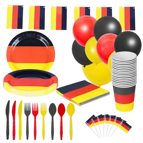 YOFANUP Deutschland Fanartikel, EM 2024 Fanartikel, EM Deko, Deutschland Deko Set, 200 pcs Deutschland Partyzubehör, Luftballons & Wimpelkette & Servietten & Geschirr & Zahnstocher-Flaggefür