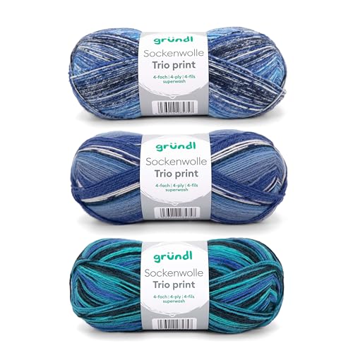 Gründl Wolle Sockenwolle Trio - Strickset 3 x 100 g + Anleitung - Sockengarn - Hautfreundlich & weich - 75% Schurwolle, 25% Polyamid - Nadelstärke 2,5-3 - blau grün