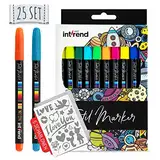 int!rend Textilmarker 25er Set I 20 Bunte Textilstifte waschmaschinenfest + 5 Schablonen I Stoffmalstifte I Textilfarbe zum Bemalen von Schuhen, T-Shirts und Taschen I inkl.4 Neon UV Fabric Pens