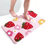 Mislaxy Badematte rutschfeste Fußmatte Badezimmerteppiche Badewanne Duschteppich Erdbeere Beflockter Teppich für Schlafzimmer, Badezimmer, Heimdekoration (Rosa, 50x80cm)