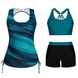 JASAMBAC Tankini Damen,Badeanzug Damen Bauchweg.3-Teiliger Bikini Set,Push-Up-Bikinioberteil Und High Waist Badeshorts, Einfache Badebekleidung, Sport-BadeanzüGe