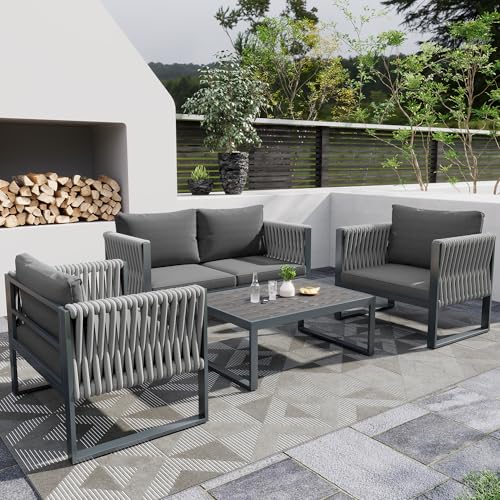 Jtyca Gartenmöbel Set aus Seil, Balkon Möbel Set mit Verzinktem Eisenrahmen, 4-teiliges, 1 Doppelsofa, 2 Einzelsofa, 1 Tische, Verstellbaren Füßen, Alle Kissen Inklusive