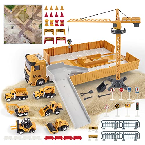 deAO Bauwagen-Set im Maßstab 1:64 enthält Lastwagen mit Bulldozer, Traktor, Gabelstapler, Mischer, Bagger, Kran, Muldenkipper und Zubehör