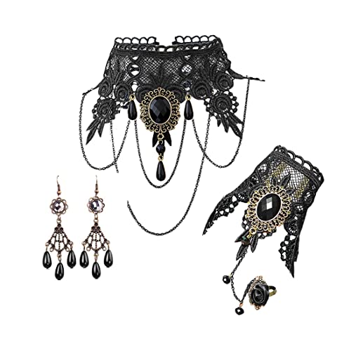 Aabellay Gothic Spitze Choker Halskette Armbänder Ohrringe Damen Schwarz Kette Gotisch Kostüm Fingerlose Handschuhe Retro Victorian Collier Vintage Halsband Halloween Halskette Set- FY008