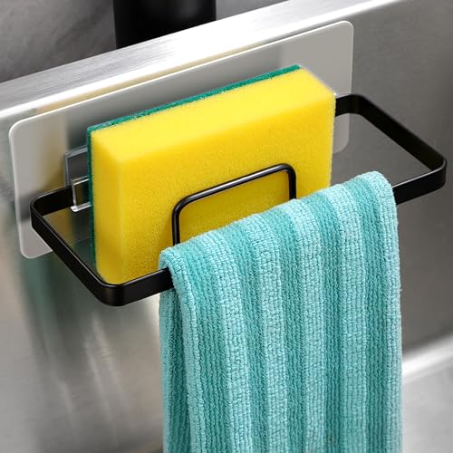 YIGII Schwammhalter Küche - Spüllappenhalter Selbstklebend, Küche Sink Organizer Spültuch-Halter, 2 in 1 Küchenablaufregal Spülbecken Für Schwamm, Bürste, Spülbeckenstopfen Und Lappen, Schwarz