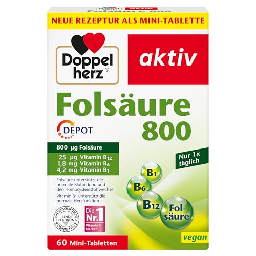 Doppelherz Folsäure 800 DEPOT - Mit Vitamin C + B-Vitamine zur Unterstützung der normalen Funktion des Immunsystems - VEGAN - 60 Mini-Tabletten