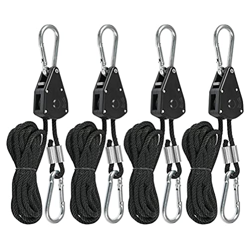 TIMESETL 4Stück Duty Heavy Rope Seilratsche mit Haken, einstellbare Seil Ratsche für Pflanzenlampe, 150lb, einstellbare Wachsen Licht Ratchet Seil, Aufhänger Rope Ratchet, Nylon, Schwarz