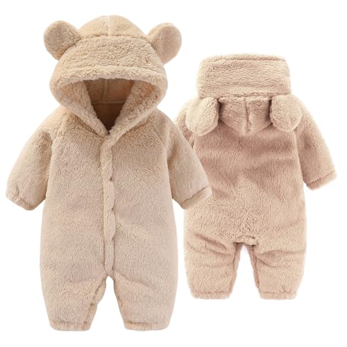 Yaopelky Neugeborenes Baby Bär Schneeanzug Kleinkind Fleece Strampler Baby mit Kapuze Jumpsuit Winter Warm Outwear für Mädchen Jungen 0-12M (Beige, 0-3 Monate)