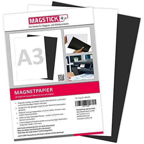 10er Set Magnetpapier I weiß I DIN A3 I DIY I magnetische Rückseite I mit gängigem Inkjet Drucker bedruckbar I zum Beschriften, bedrucken oder als magnetisches Foto-Papier I mag_221