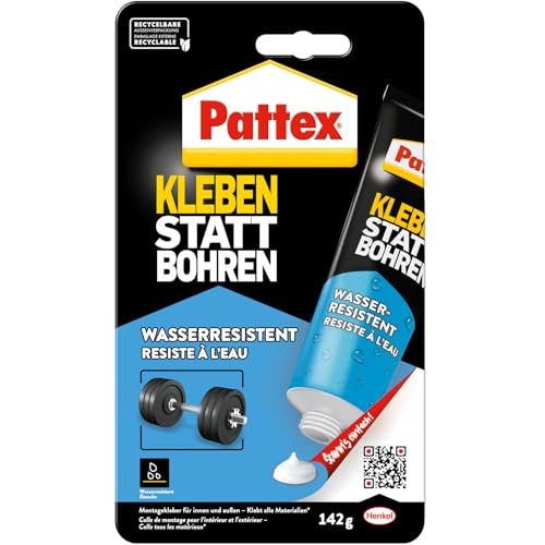 Pattex Montagekleber Kleben statt Bohren Wasserresistent, Kraftkleber für innen & außen, universell einsetzbarer Baukleber, Kleber mit hoher Festigkeit, weiß, 1 x 142g