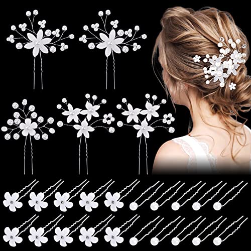 25 Stücke Hochzeit Haarnadeln, Braut Haarnadeln, Blumen Perlen Braut Haarschmuck, U-Form Kristall Haare Brautschmuck Hochzeit Haarspangen für Damen Frauen Mädchen