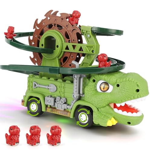 Dinosaurier Spielzeug Trackset, Autorennbahn mit 6 Dino Fahrzeug, Achterbahn Spielzeug mit Musik Blinkende LED-Leuchten Spielzeug Kinder Jungen 2-5 Jahre alt