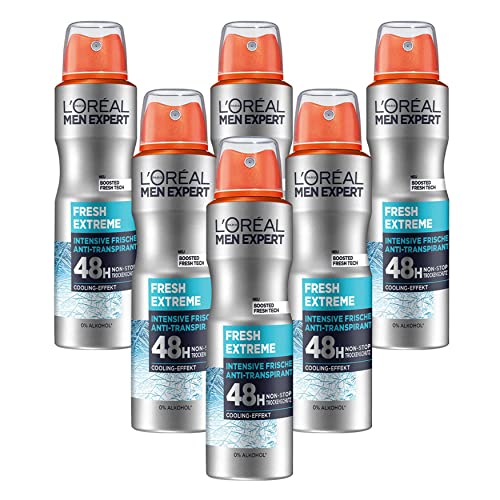 L'Oréal Men Expert Deo für Männer, Effektives Deospray mit integriertem Cooling-Effekt für bis zu 48 Stunden Frische, Fresh Extreme, 6 x 150 ml