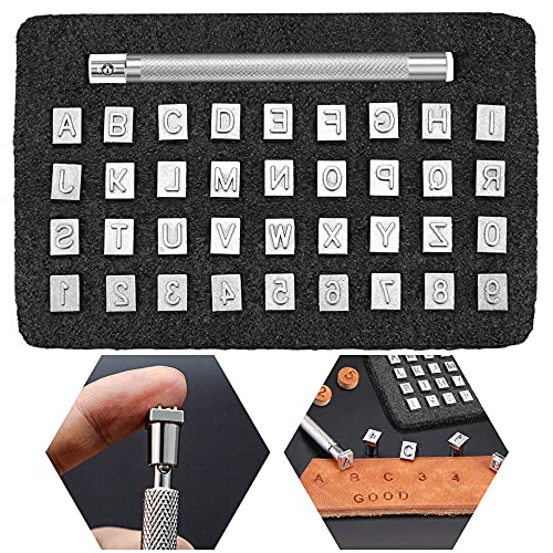 DURANTEY 37 Stück Leder Stempel Prägestempel Metall Lederstempel Buchstaben Punzierstempel Stahl Leder Prägen Stempel Set von A bis Z Alphabet und 0-9 Zahlen 6.5mm für DIY Muster Handmade Werkzeug