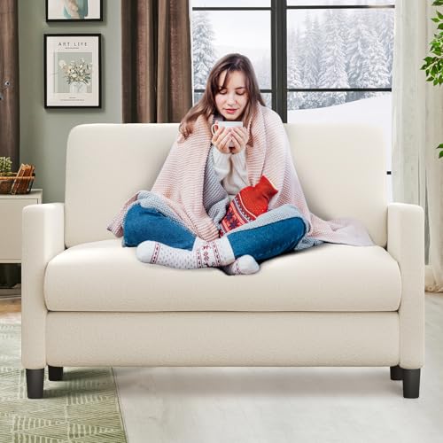 Sofa 2 Sitzer Klein, 130cm Mini Couch Klein, Gemütliches kleines Sofa für Jugendzimmer, Werkzeugfreies Aufstellen von Minisofa, 2er Sofas und Couchs aus Vollholz, Kleine Sofas Wohnzimmer, Beige