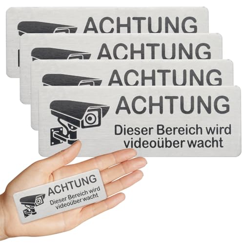 XxinXrong 4 Stück Schild Videoüberwachung Schilder, Achtung Videoüberwachung Schild Privatgrundstück, Aluminium Hinweisschild Kamera Überwachung Schild, Schilder Kameraüberwachung Warnschild, 85×30mm